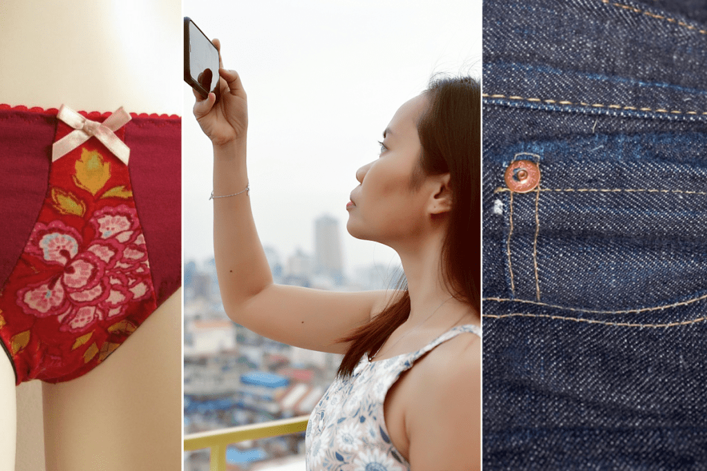 red lingerie on a mannequin; a woman looking at her smartphone; the tiny inner pocket on a pair of jeans