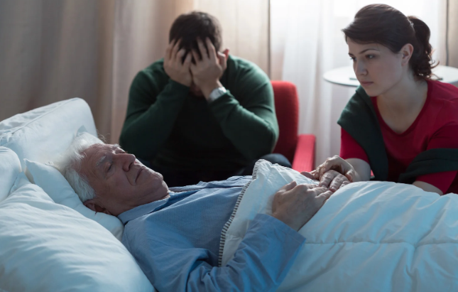 a man passing away, older man passing, death bed, hospice, hospital grief, relatives