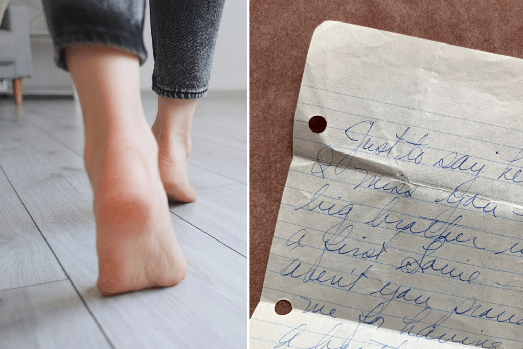 pair of bare feet walking on the floor; a handwritten note