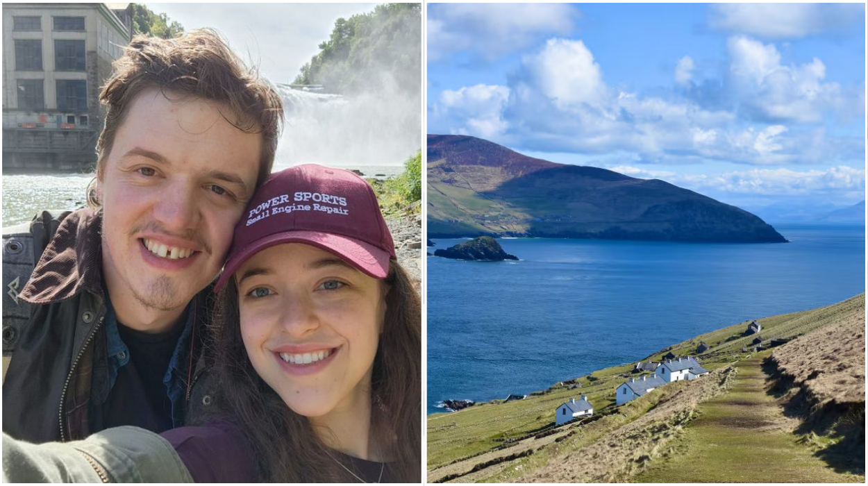 Two photos: a man and woman; beautiful water and grassy hillside