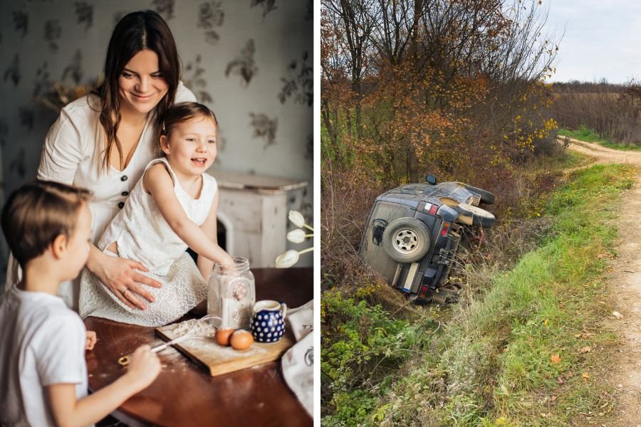 woman with her two children; car on its side in a ditch