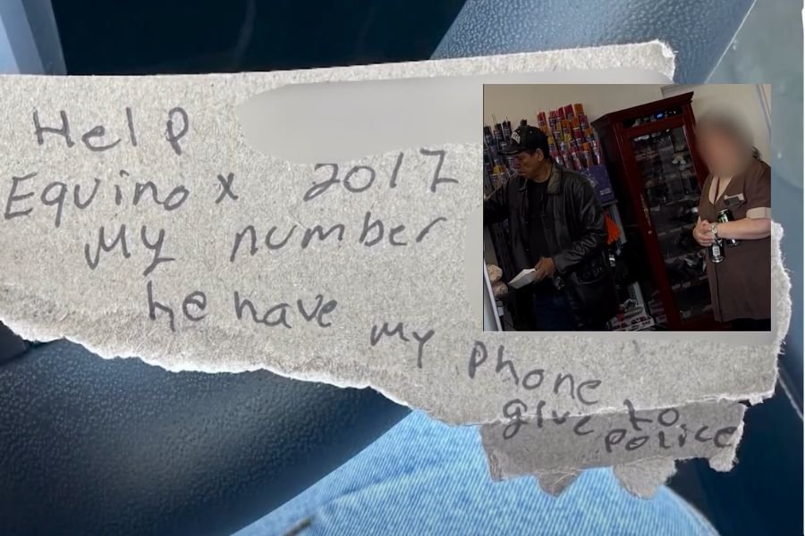 handwritten note asking for help; overlay of man and woman with blurred face