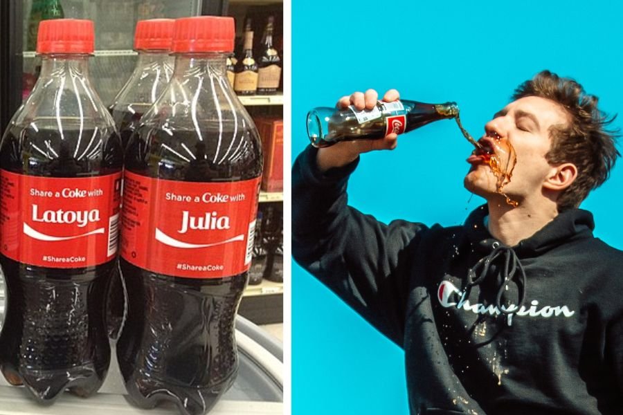 coke bottles; man splashing coke in his face