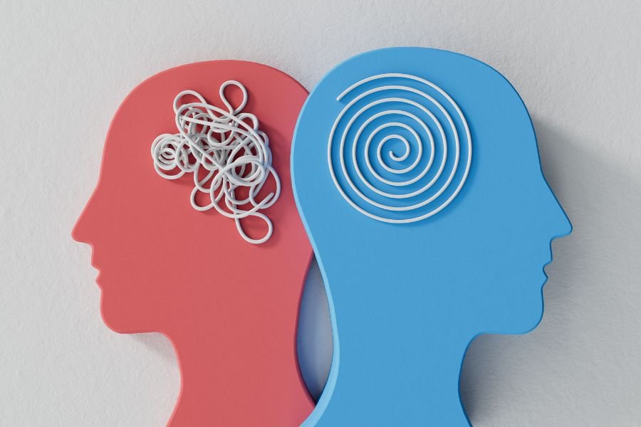 a red cut out of a head with a tangle of string where the brain would be; a blue cut out of a head with a spiral of string where the brain should be