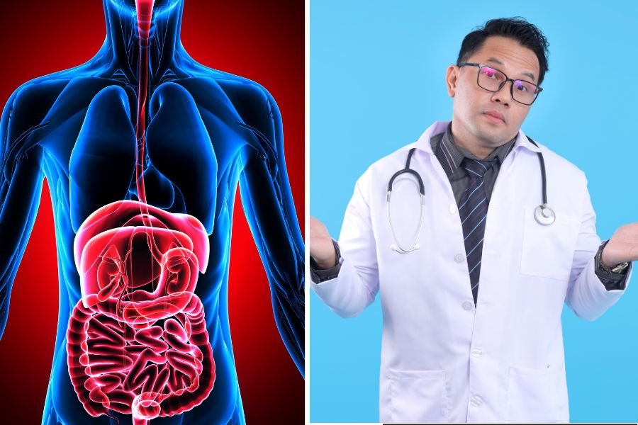 negative photo of digestive system; a doctor shrugging