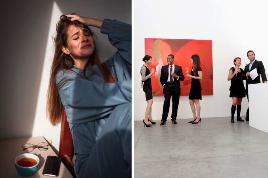 woman crying; people at an art gallery