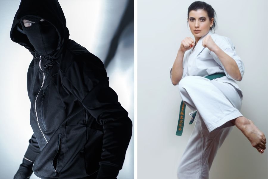person dressed in all black to resemble a robber; woman in gi and green belt performing karate
