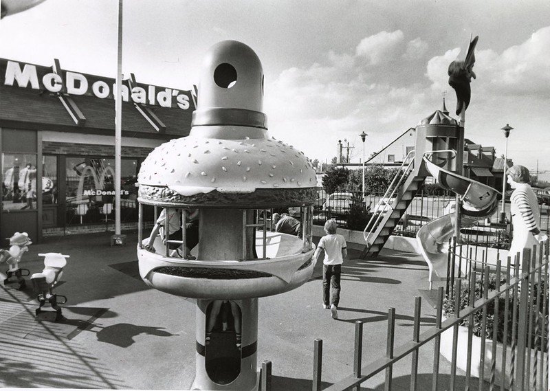 black and white photo of McDonald's playground