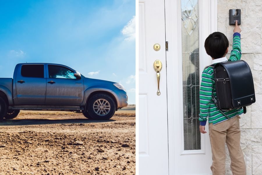 a truck in the desert; a young boy ringing a doorbell