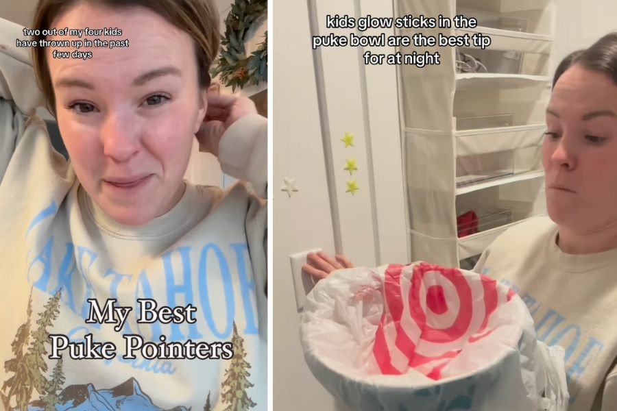 screenshots of woman talking to camera; woman holding a trashcan covered with a Target bag