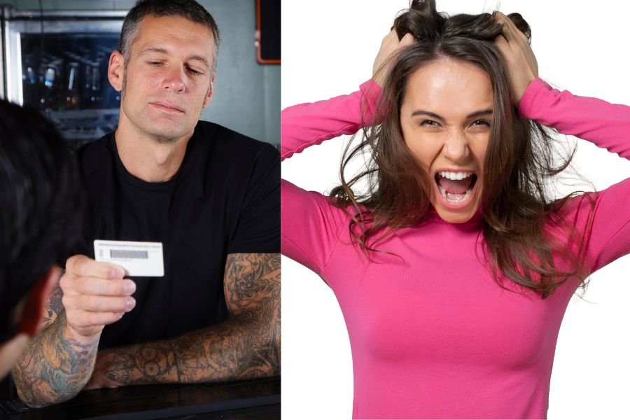 bouncer looking at ID: woman with her hands in her hair screaming