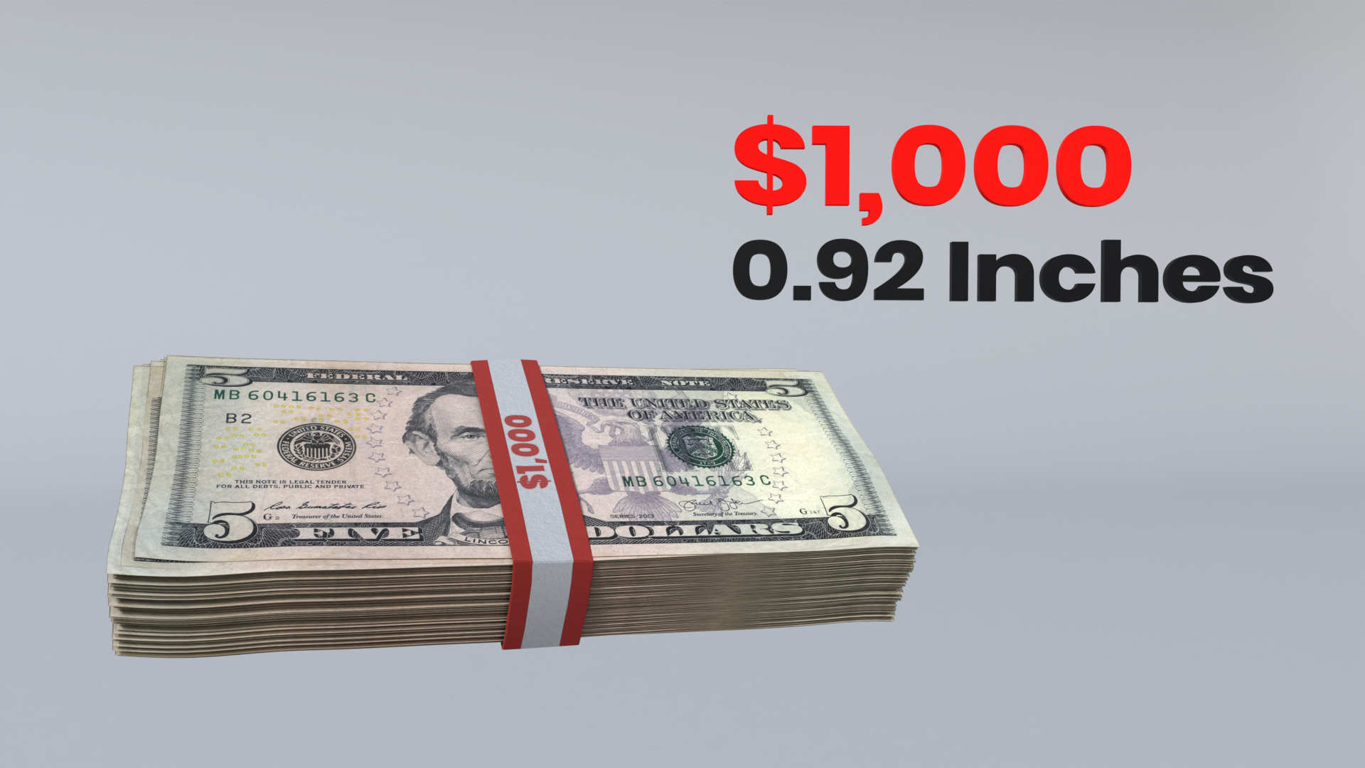 A stack of five dollar bills worth $1,000. 