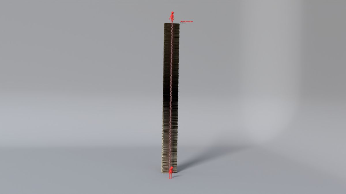 A million stacked in fives is over 70 feet tall.