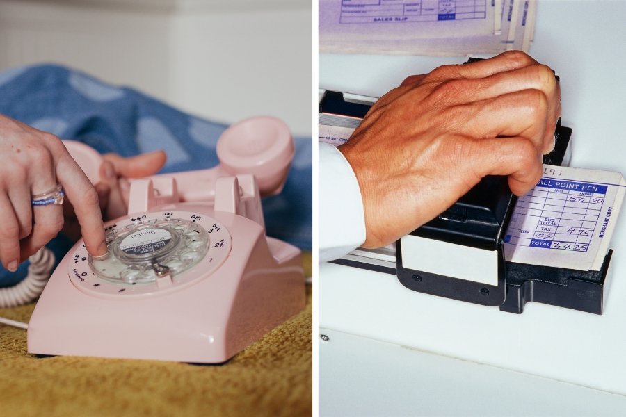 gen x, boomers, sounds of the 70s, 80s, 90s, rotary phone, manual credit card machine