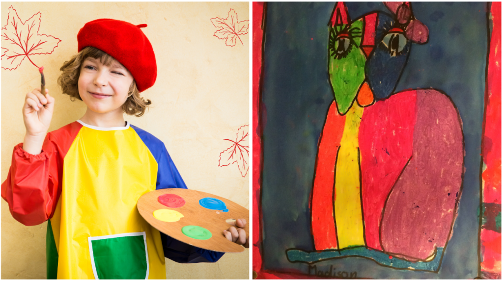 Child wearing apron and holding paint Swatch, hand-drawn photo of cat