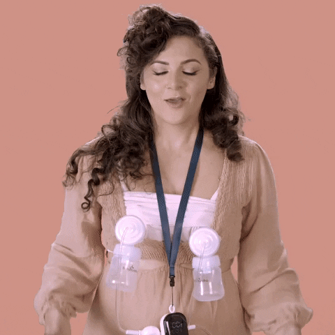 gif of woman wearing two breast pumps saying, 