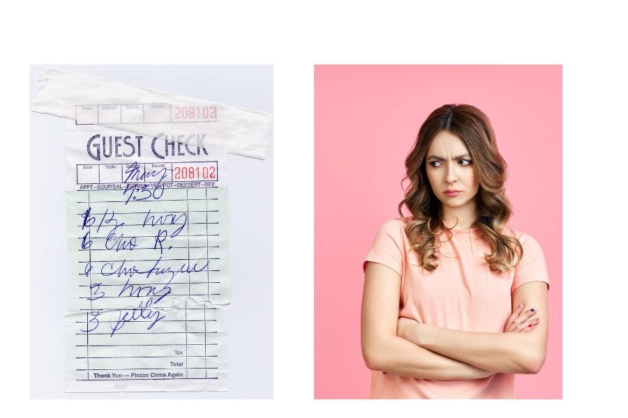Bill, restaurant, annoyed woman, splitting the check, check