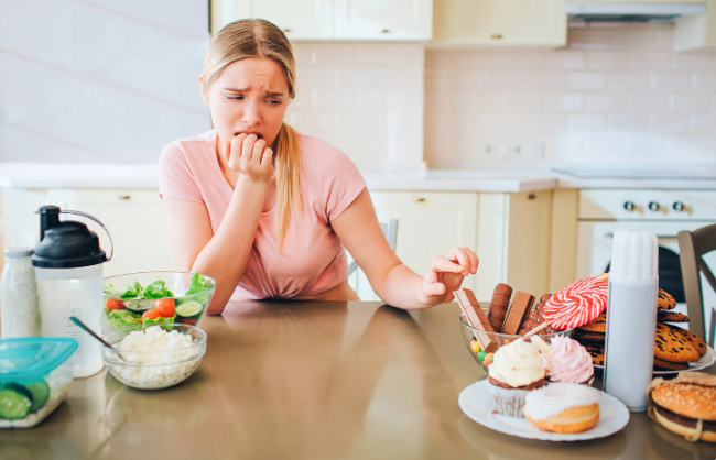 craving, temptation, sweets, snacks, healthy food, tempted woman, hungry woman,