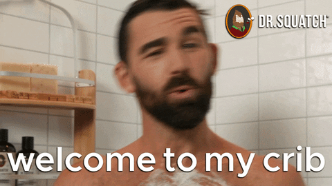 Man showering, text 