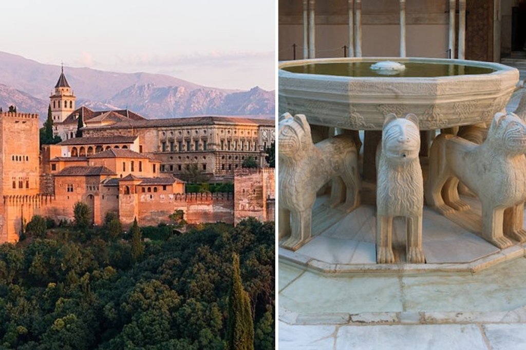 alhambra, granada, spain, fountain of lions, water clock