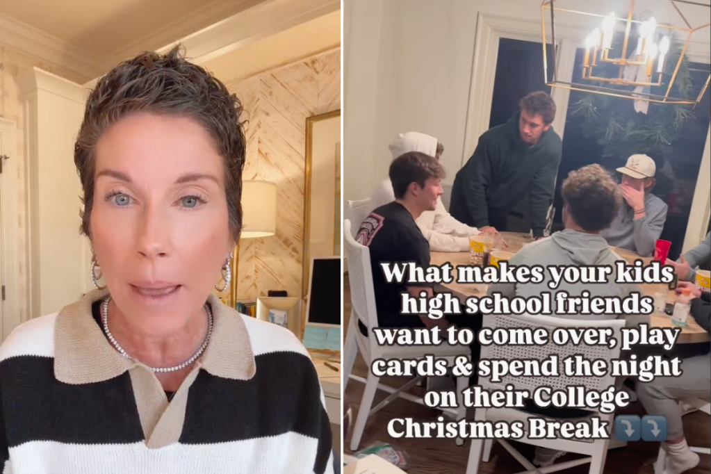 Woman speaking; group of young men playing cards at a table.