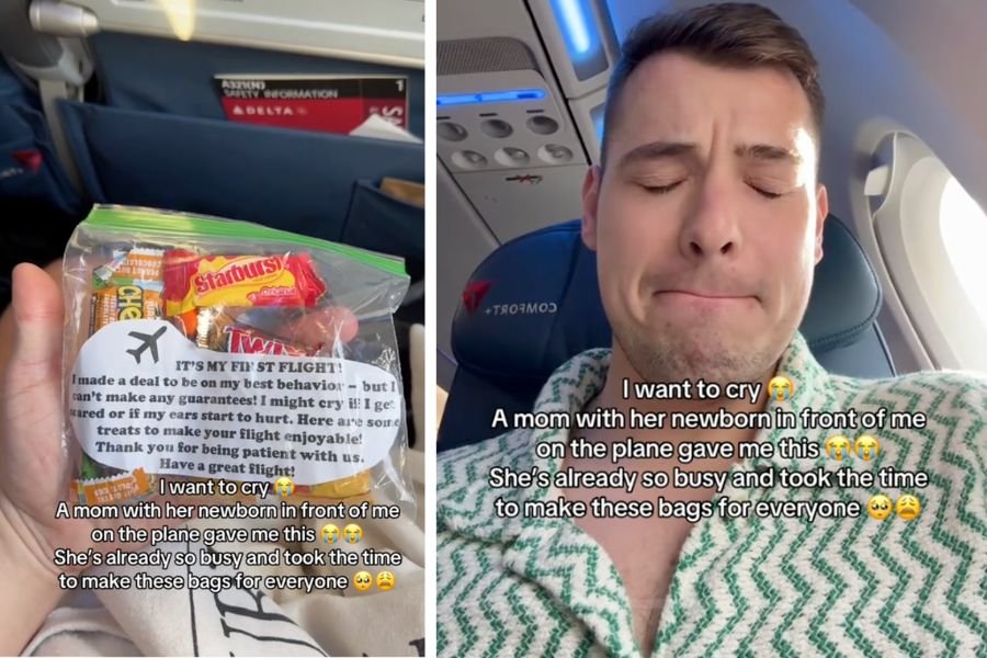 screenshots of a TikTok video; someone holding a bag of candy with a note inside;; a man sitting in his seat on a plan behind text overlay that begins, "I want to cry..."