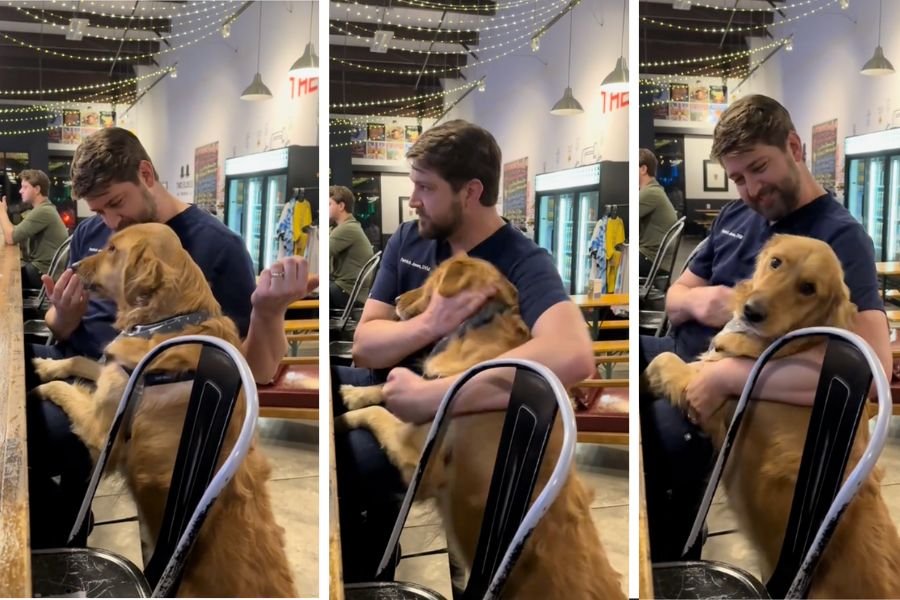 man hugs dog in restaurant