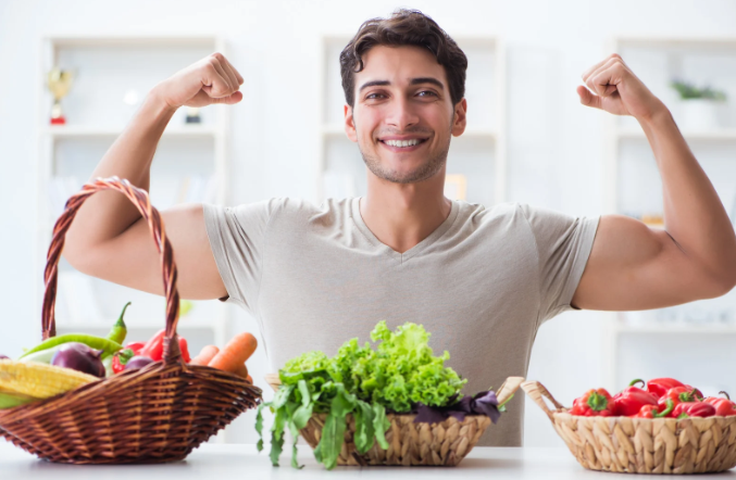 strang man, strong vegan, vegetarian man, fruits, vegetables, dietary needs