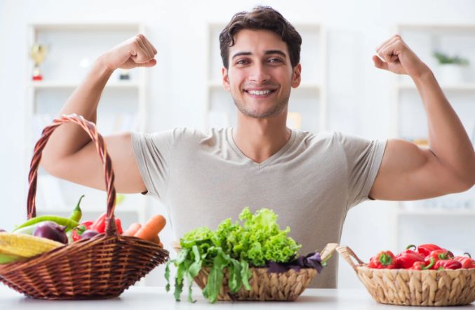 strang man, strong vegan, vegetarian man, fruits, vegetables, dietary needs