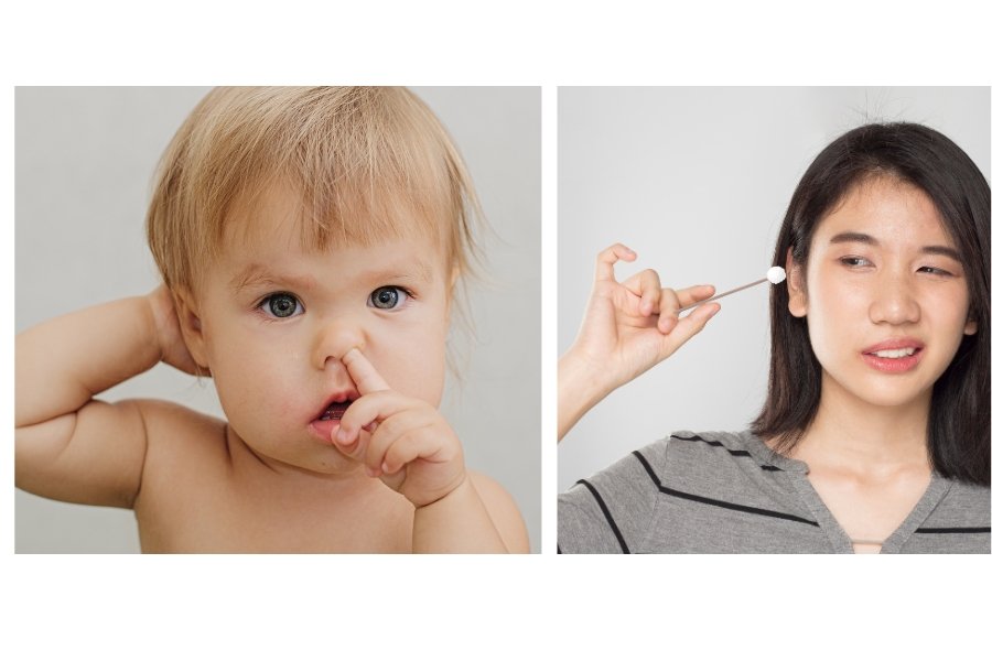 baby picking nose, woman picking ear, q-tip, health, doctors