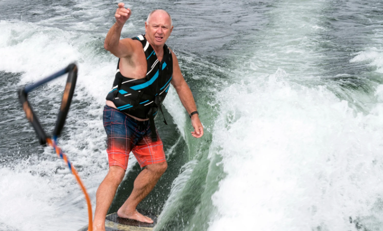 baby boomer, old guy on board, water sports, water skiing, boomer