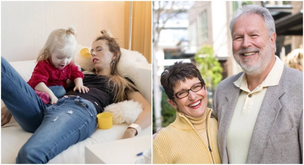 mom, baby boomer parents, grandchildren, baby stressed mom, mom on bed