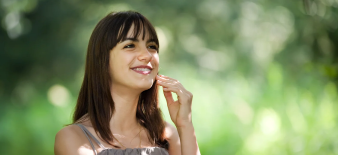 happy young woman, happy teen, brunette woman, smile, woman touching face