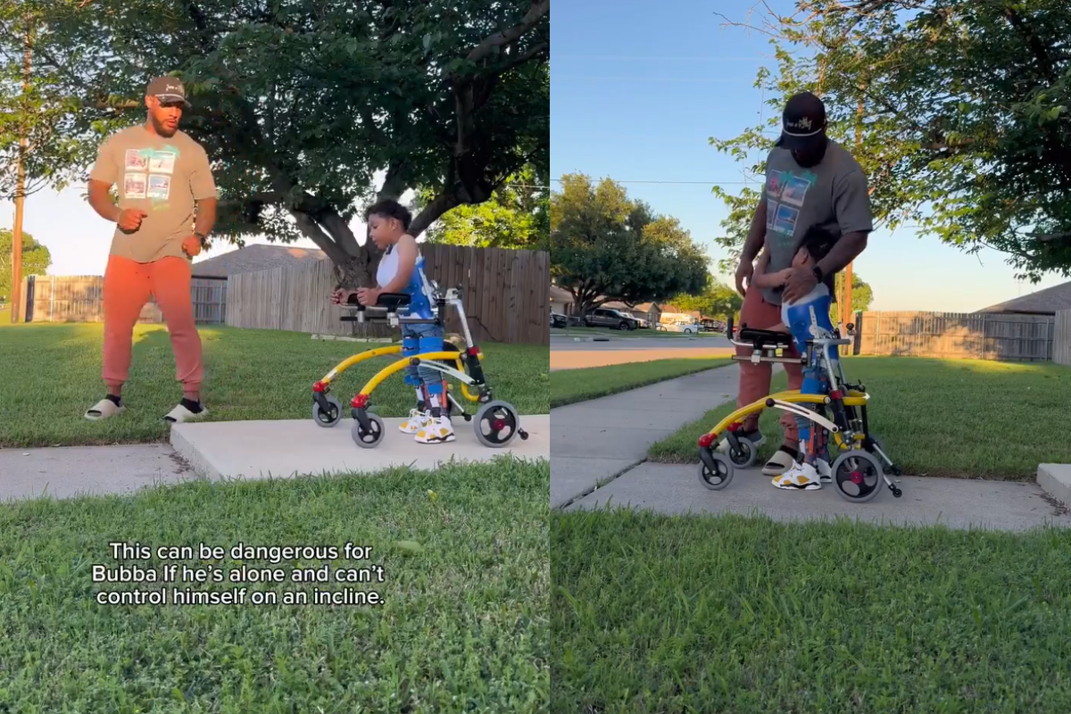 Dad refuses to quit as son with spina bifida bravely walks down step, moving people to tears