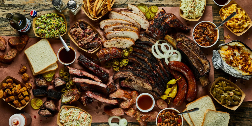 american food, bar-b-que, sausage, brisket, cole slaw, pickles, chicken
