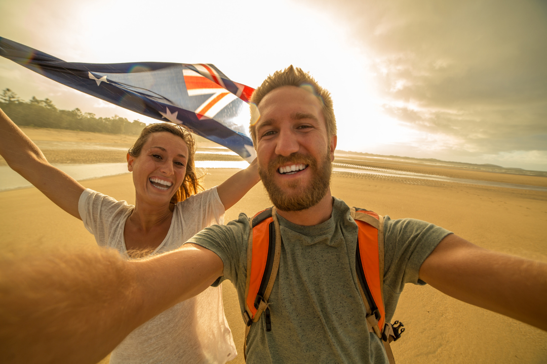 Australians, happy, couple, morning, flag