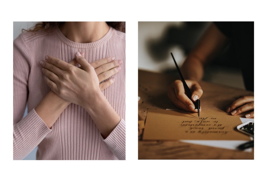 person expressing thanks, gratitude, writing a letter, sharing