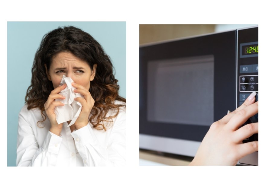 woman blowing nose, microwave, sick day, sick, day off
