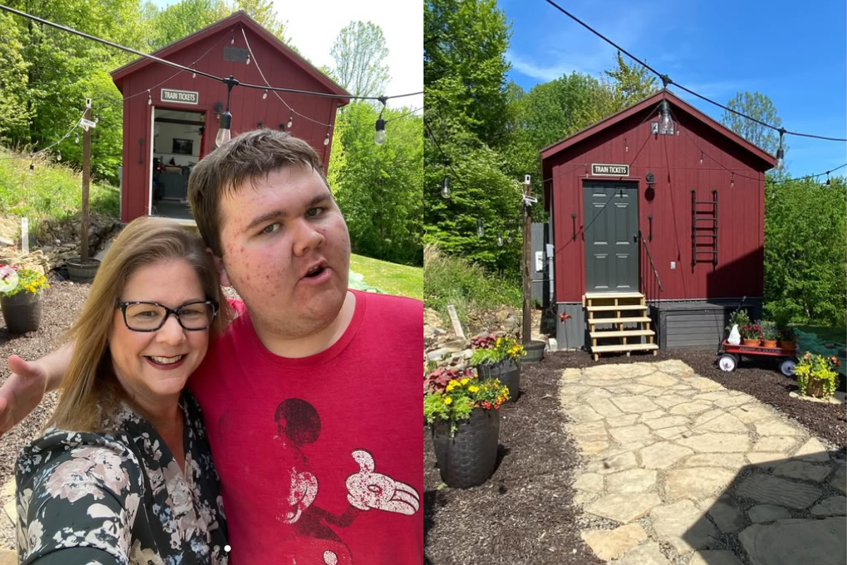 Parents build train-themed tiny house in backyard for 21-year-old son with autism