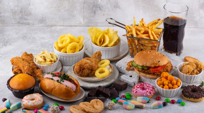 american food, donuts, hamburger, soda, french fries, candy