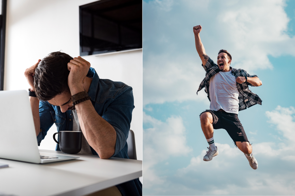 man, sad, joyful, jumping, work, freedom