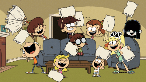pillow fight, sleepover, silliness, comedy
