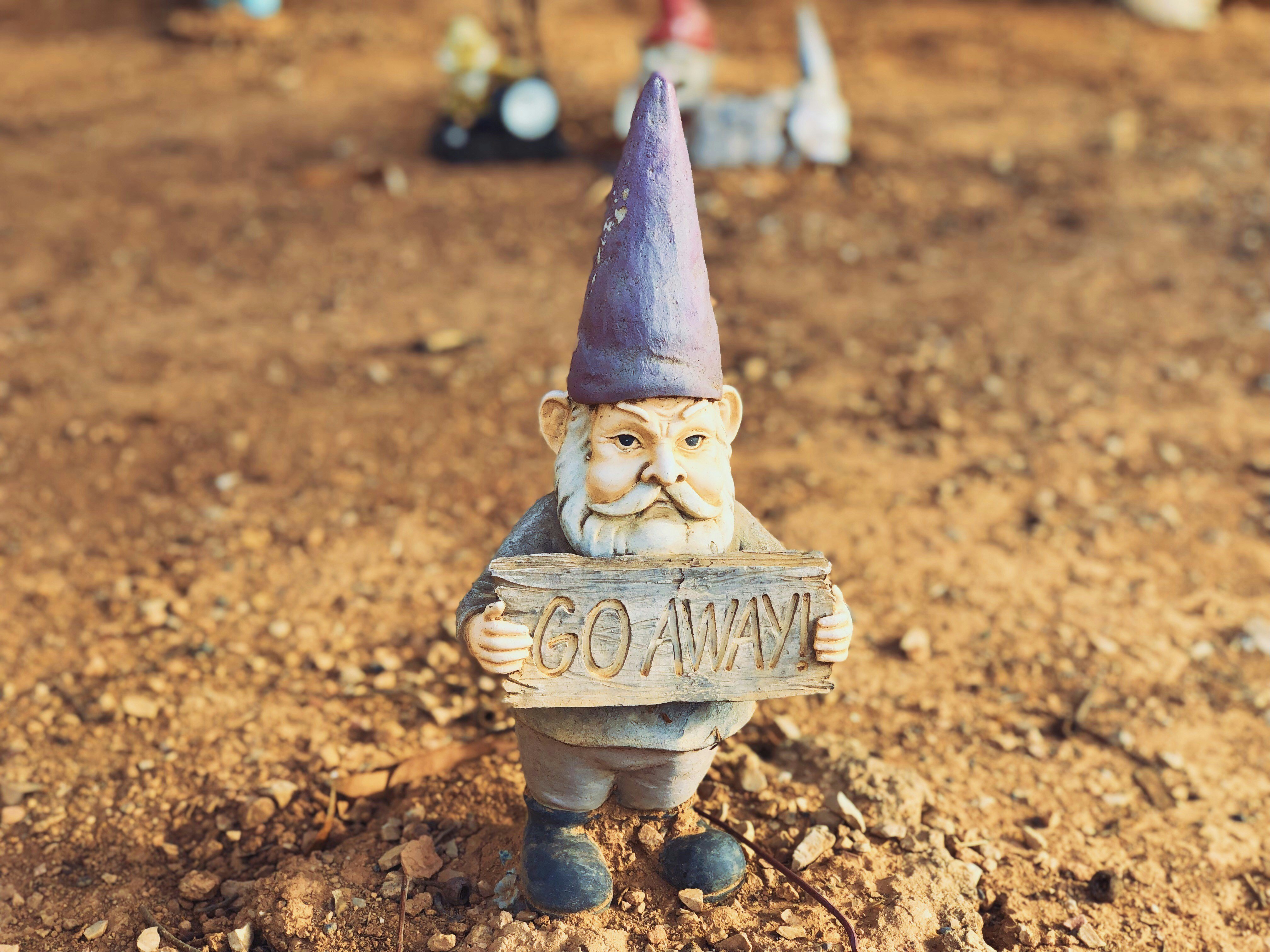 gnome, sign, whatever, go away, social skills