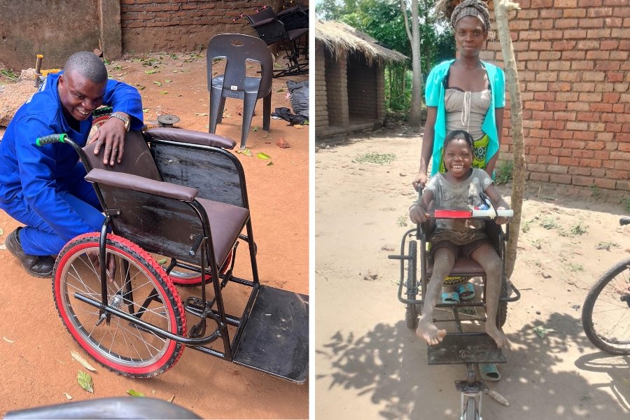 Man repairing wheelchair; child smiling in a wheelchair, Malawi Wheels, kids, disability