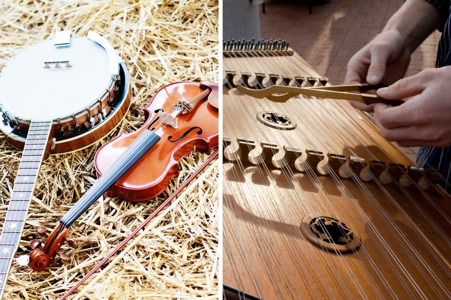 American folk music, banjo, fiddle, chinese hammered dulcimer, yangqin