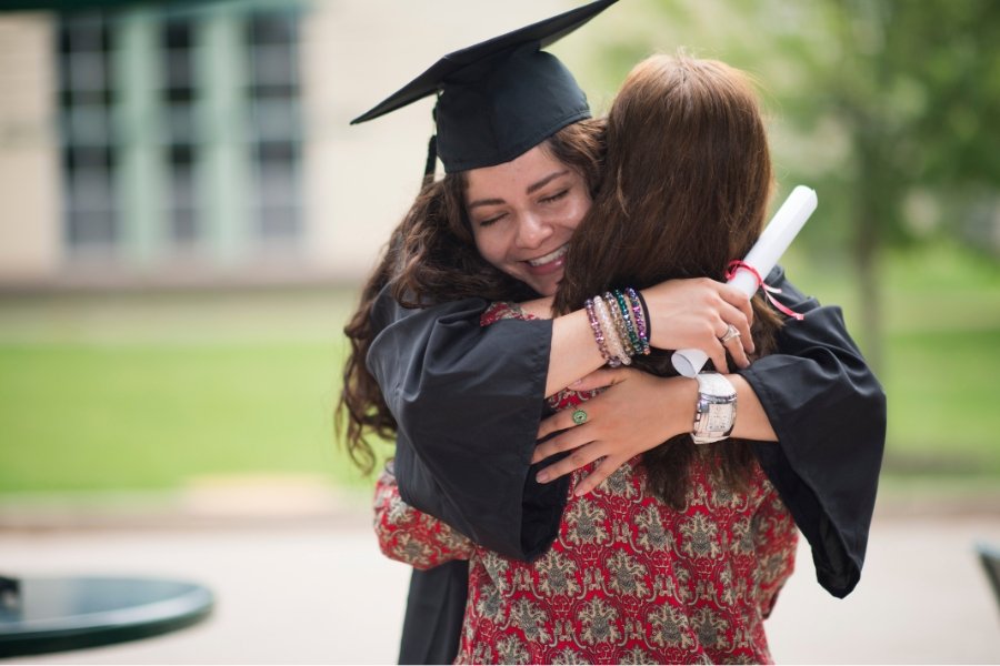 graduation, graduate, cap and gown, hugging graduate