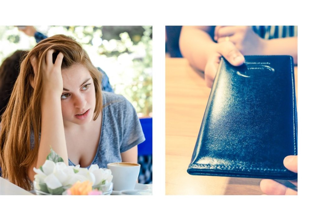 woman on date, coffee date, splitting the check, paying bill