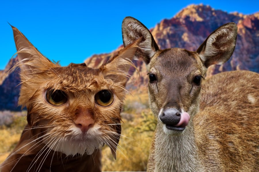 wet cat, deer, deer gives cat a bath