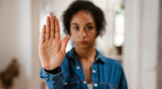 stop, woman, woman says stop, talk to hand, hand out, stop hand, conversation, awkward