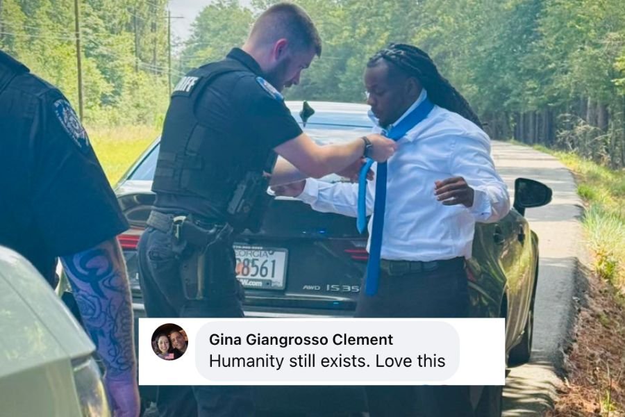 Cop pulls over a man for speeding, finds out he's going to a funeral, and helps him tie his tie